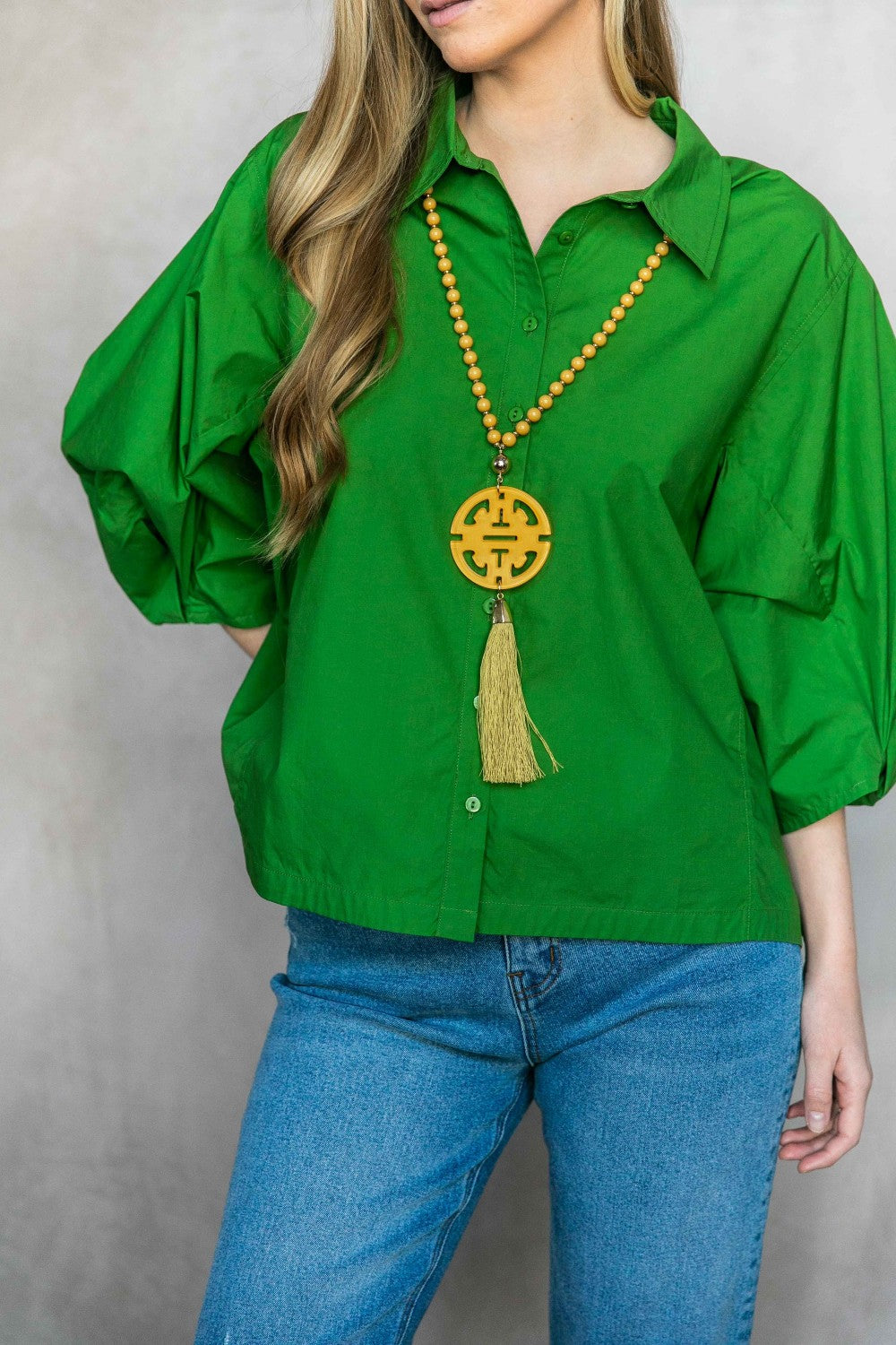 Poplin Bishop Sleeve Button Up Shirt
