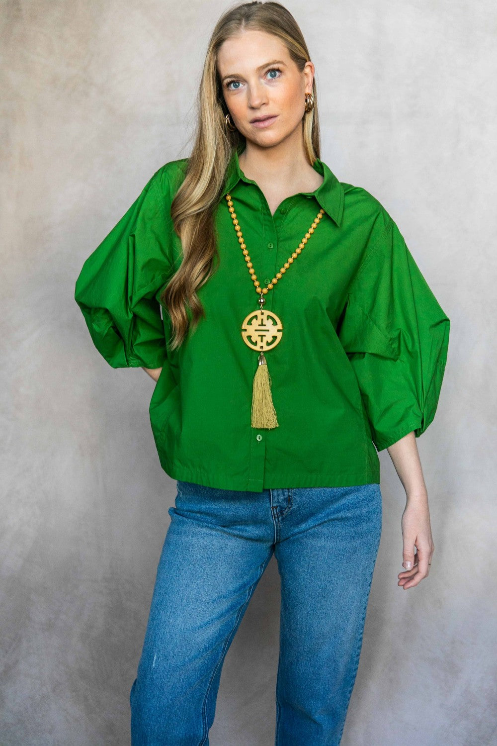Poplin Bishop Sleeve Button Up Shirt