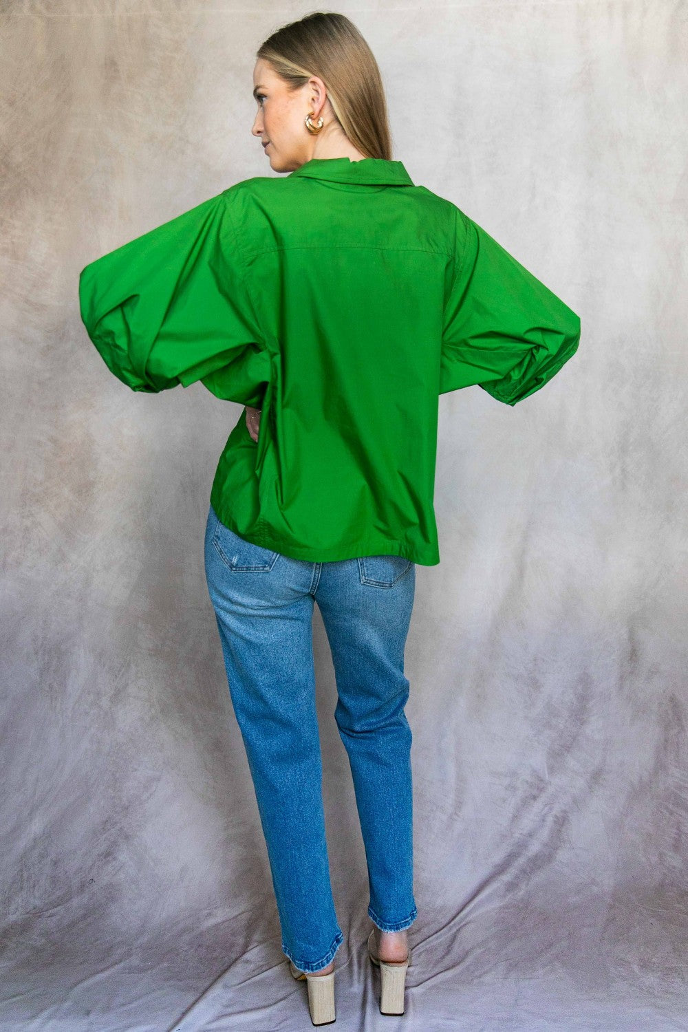 Poplin Bishop Sleeve Button Up Shirt