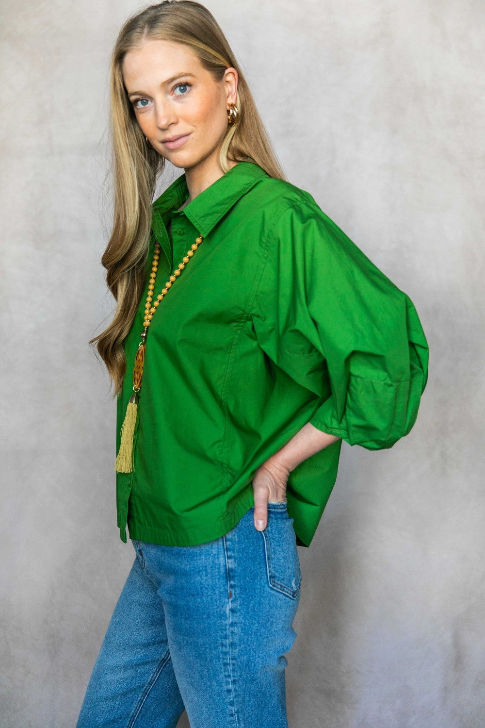 Poplin Bishop Sleeve Button Up Shirt