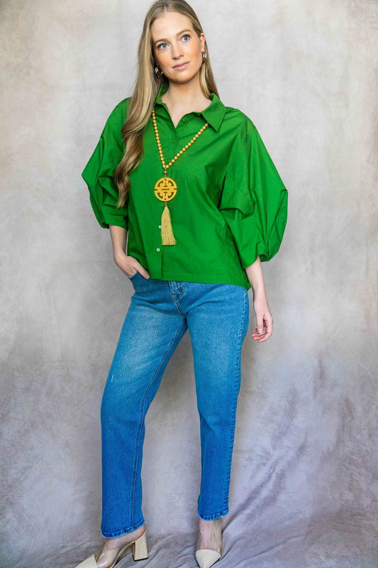 Poplin Bishop Sleeve Button Up Shirt
