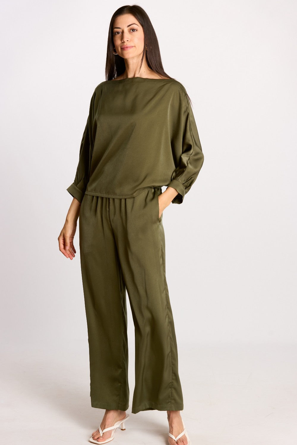 Satin Boat Neck Dolman Sleeve Top