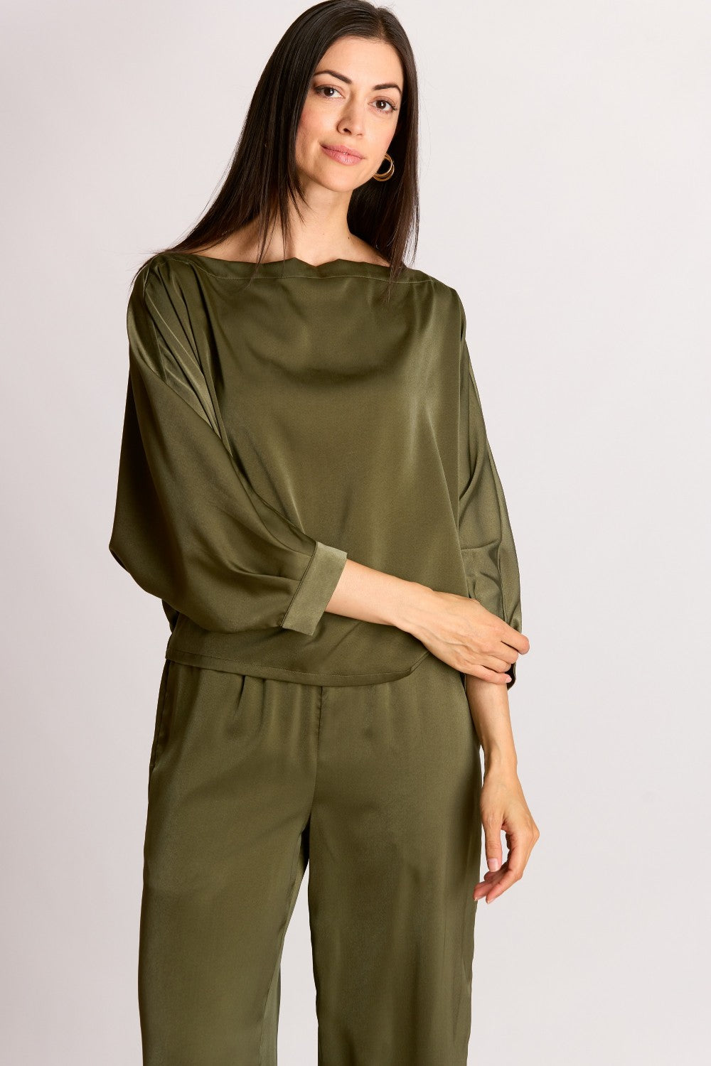Satin Boat Neck Dolman Sleeve Top