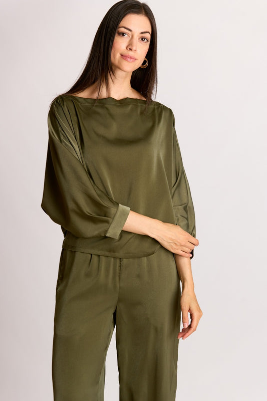 Satin Boat Neck Dolman Sleeve Top
