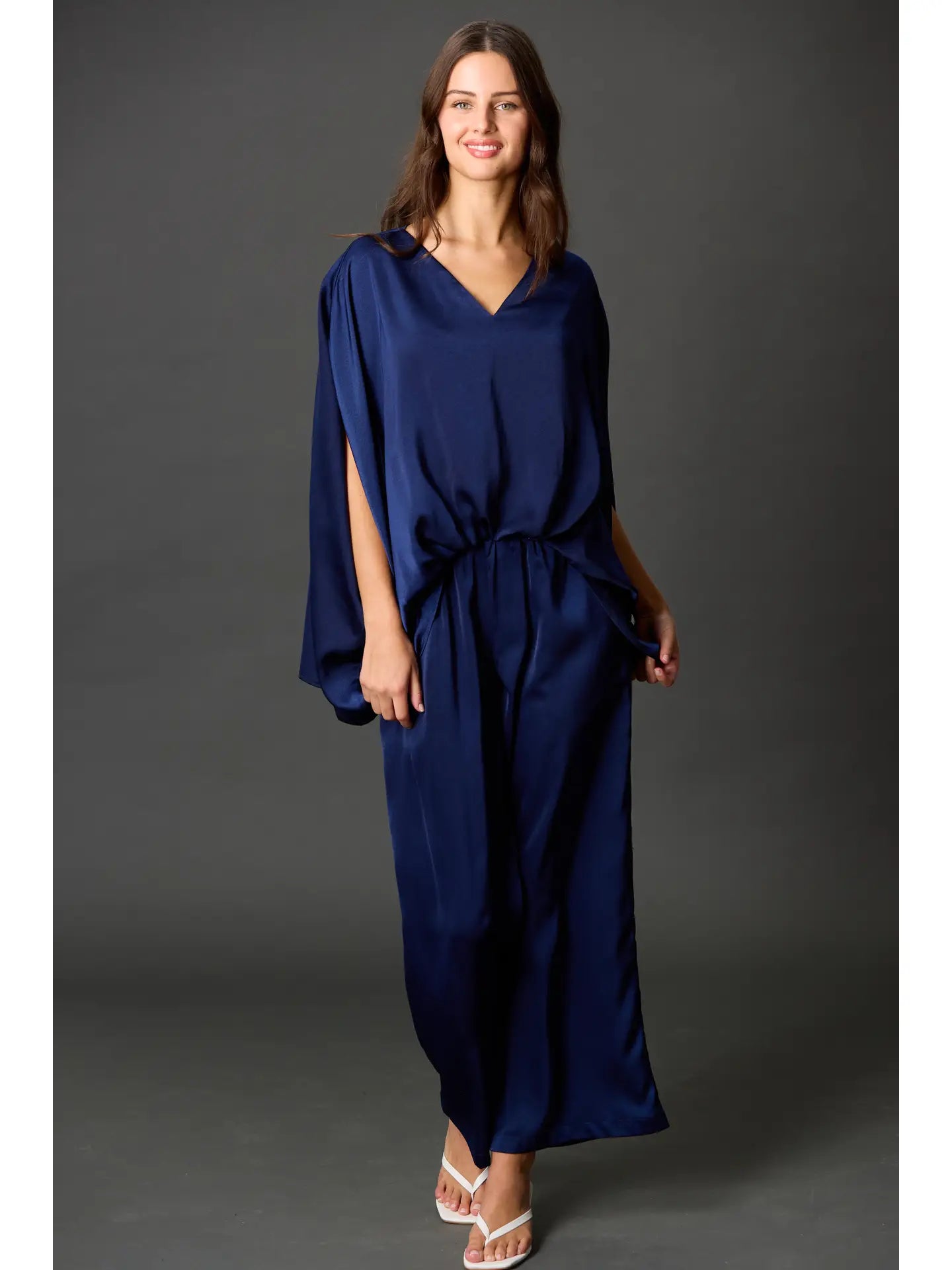 Satin Solid V-Neck Front Waist Elastic Flowy Top