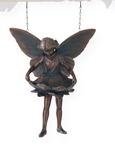 Resin Fairy Bird Bath w/ Patina Green & Copper Arrow Sign